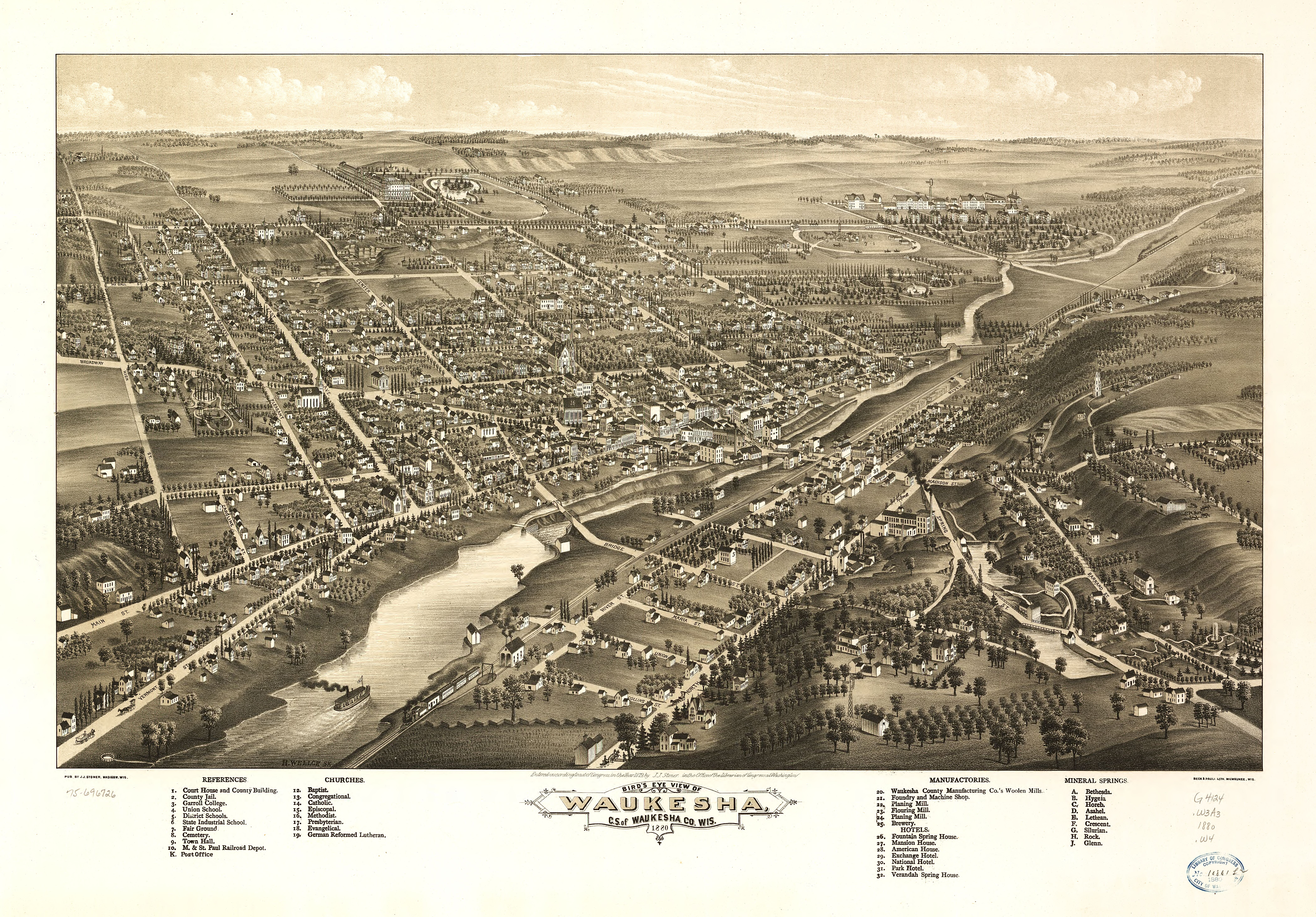 Historical photographic dossier for Waukesha, Wisconsin: Bird's eye view of Waukesha, c.s. of Waukesha Co., Wis. 1880. LOC 75696726.jpg