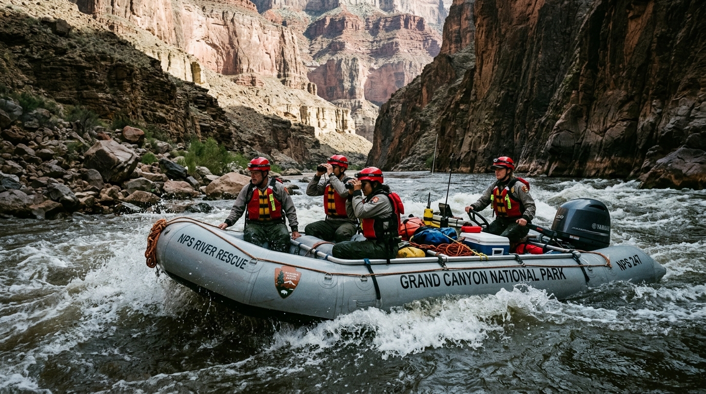 Colorado River canyon walls and search boats
