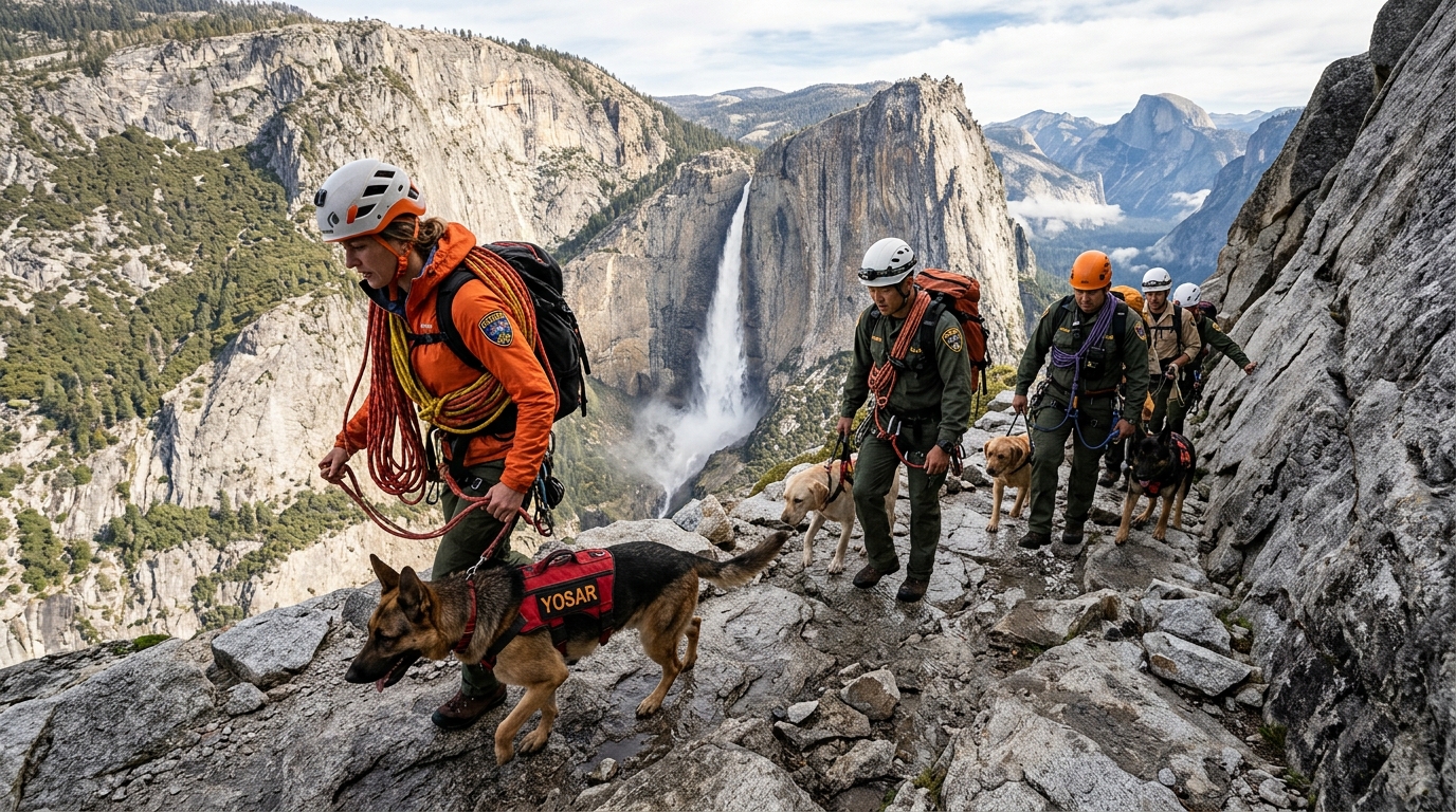 Upper Yosemite Fall search teams and cliffs